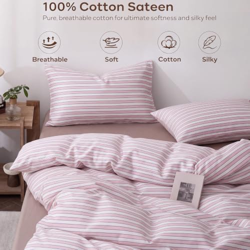 Bedbay Blush Pink Stripe Bedding Set, Cotton Striped Duvet Cover Set King Size,100% Cotton Sateen, Minimal Casual Hotel Style Duvet Cover 3 Piece for All Seasons