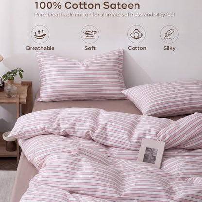 Bedbay Blush Pink Stripe Bedding Set, Cotton Striped Duvet Cover Set King Size,100% Cotton Sateen, Minimal Casual Hotel Style Duvet Cover 3 Piece for All Seasons