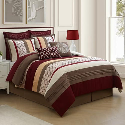 LANCO MODERN LIFESTYLE California King Comforter Set, Berry Taupe Bedding Set, Jacquard Woven with Embroidery, 8 Pieces Bed in a Bag, Bed Skirt, Shams and Decorative Pillows