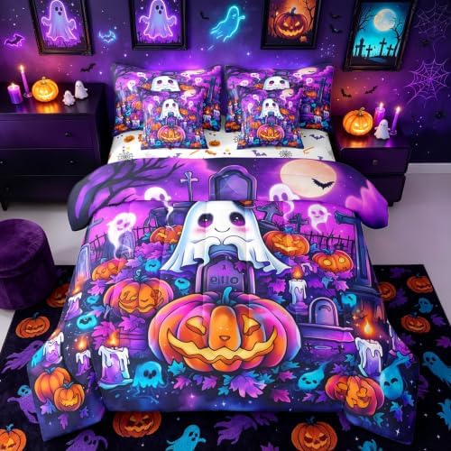 Erosebridal Cartoon Halloween Pumpkin King Comforter Set 7 Piece for Kids Adults Cartoon Graveyard Gothic Bed in A Bag with Sheetsghost Bedding Set Goth Bed Set Room Decor