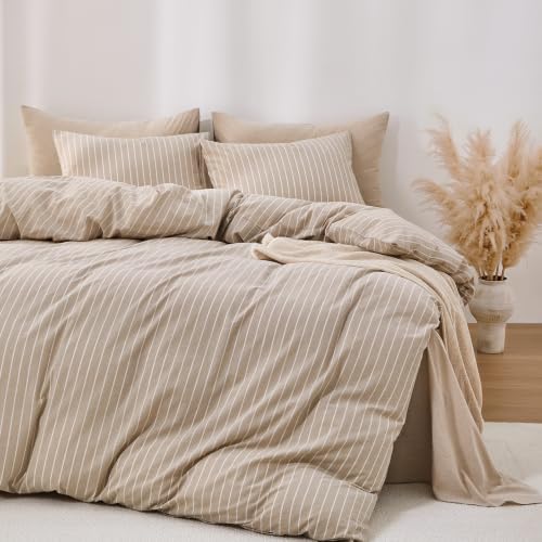 Wake In Cloud Striped Cotton Duvet Cover Set, Tan, Full