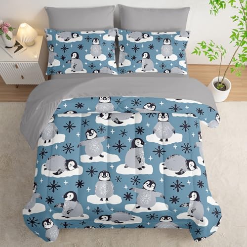 7Pcs Comforter Set Cartoon Penguin Black Snowflakes Printed Bedding Set with 1 Comforter,1 Flat Sheet,1 Fitted Sheet and 4 Pillowcases for Boys and Girls Bedroom All Season(Twin)
