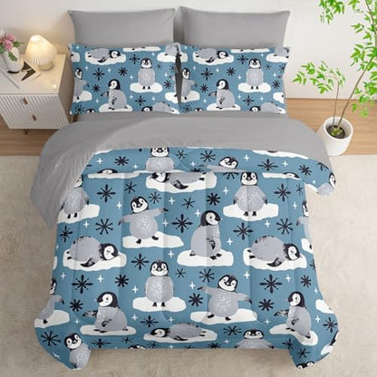 7Pcs Comforter Set Cartoon Penguin Black Snowflakes Printed Bedding Set with 1 Comforter,1 Flat Sheet,1 Fitted Sheet and 4 Pillowcases for Boys and Girls Bedroom All Season(Twin)