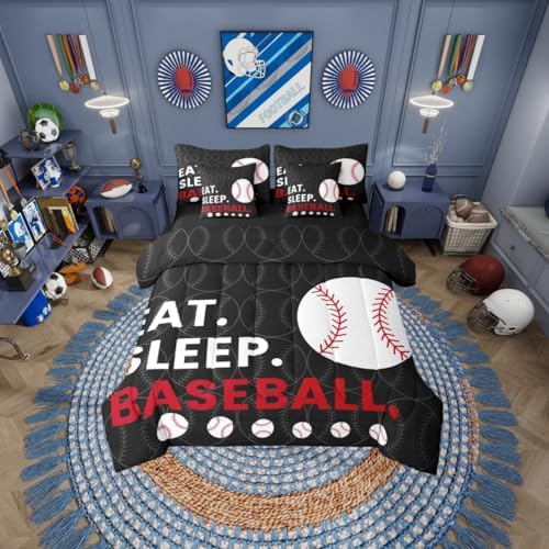 Erosebridal Kids Baseball Games Softball Theme 7 Piece Bedding Set Twin | Black Grey Comforter Set with Sheets Sports Gaming Pattern Bed in A Bag Men Teens Bed Sets