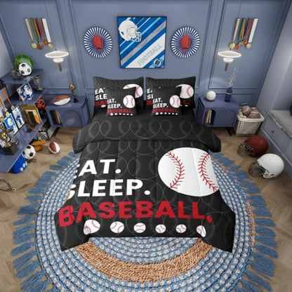 Erosebridal Kids Baseball Games Softball Theme King 7-Piece Comforter Set | Black Grey Sheets and Pillowcases Sports Gaming Pattern Bed in A Bag Men Teens Bed Sets