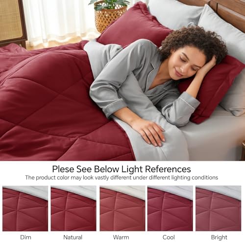 BEDELITE King Comforter Set 7 Pieces, Reversible Dark Red Bed in A Bag