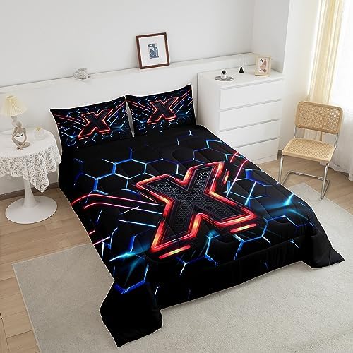 Manfei Geometric Honeycomb Kids Comforter Set Queen Size,Blue Neon Hexagon Abstract Bedding Set for Boys Girls Man Room Decor,Light Gaming Fashion Down Comforter,Red Black Duvet Insert,2 Pillowcases