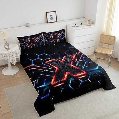 Manfei Geometric Honeycomb Kids Comforter Set King Size,Blue Neon Hexagon Abstract Bedding Set for Boys Girls Man Room Decor,Light Gaming Fashion Down Comforter,Red Black Duvet Insert,2 Pillowcases