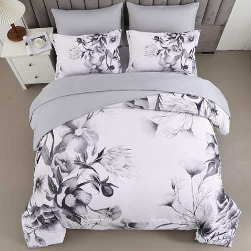 Luxudecor Floral Comforter Set Queen Size 7 Piece, Black Flower Bed in a Bag, Elegant Ink Comforter Bedding Set for All Season (Ink, 90"x90")