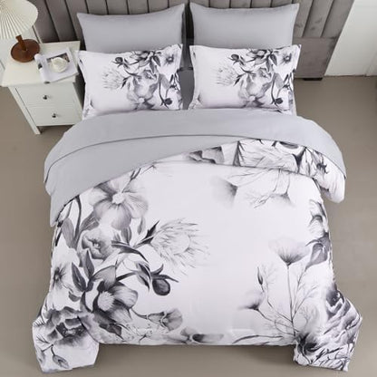Luxudecor Floral Comforter Set King Size 7 Piece, Black Flower Bed in a Bag, Elegant Ink Comforter Bedding Set for All Season (Ink, 104"x90")