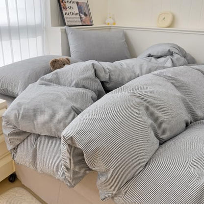 mixinni Grey Striped Duvet Cover Twin Size - 100% Washed Cotton Pinstripe Comforter Cover with Zipper Closure, Lightweight & Breathable, 3 Pieces Minimalist Stripes Pattern Printed Bedding Set