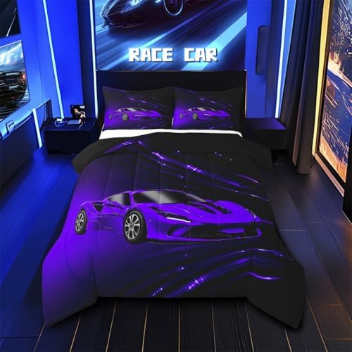 Feelyou Purple Race Car Bedding Set Full Size for Kids Teens