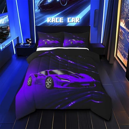 Feelyou Purple Race Car Bedding Set Full Size for Kids Teens