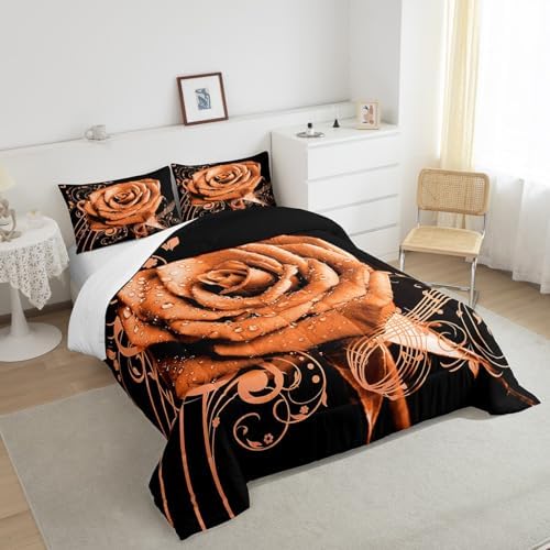 Feelyou Orange Rose Floral Comforter Set King Size Couple Valentine's Day Botanical Comforter for Girls Women Lover Music 3D Printed Blossom Flowers Bedding Set Romantic Duvet Set