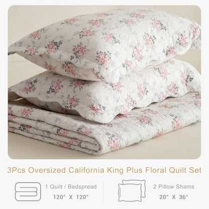 Lady Ann Cotton Floral Quilt Set, Vintage Oversized King Bedspread 120x120 for Extra Large Bed, Blush Pink Rose Pattern Printed Quilted Coverlet with Scalloped Edge, 3 Pcs Bedding Set