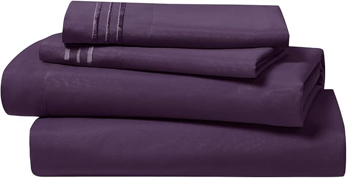 Clara Clark Bed Sheets, Premier 1800 Series 4 Piece Bed Sheet Set, Deep Pocket, Wrinkle, Fade, Stain Resistant, Luxury Soft Bedding Sheets & Pillowcases, Split King, Purple Eggplant