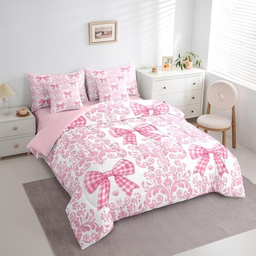Pink Bowknot Bed in a Bag Queen Comforter Set 7 Piece,Bohemian Exotic Damask Sheet Set,Cute Ribbon Bow Knot Bedding Set,Girly Kawaii Bed Set Antique Victorian Vintage Floral Pink Bedroom Decor