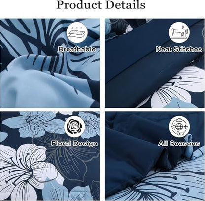 Luxudecor Navy Blue Comforter Set Full Size, 7 Pieces Bed in a Bag Navy Blue Floral Comforter and Sheet Set, Soft Microfiber Complete Bedding Sets for All Seasons