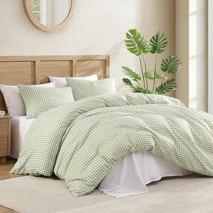 Andency Sage Gingham Duvet Cover Twin, Green Checkered Plaid Bedding Set