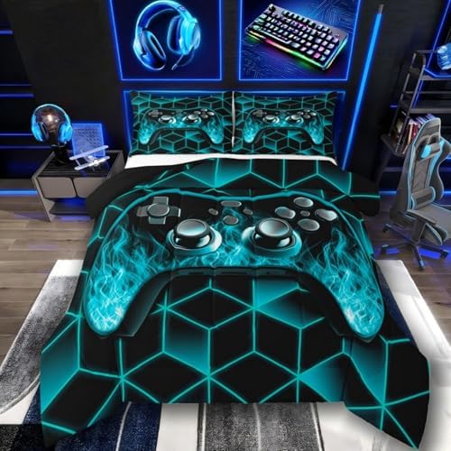 Erosebridal Teal Gaming Bedding Set Gamer Gifts,Neon Geometric Kids Comforter Sets Boys,3D Geometric Gaming Comforter Set Flame Game Consoles Gaming Decor for Boys Bedroom Decor