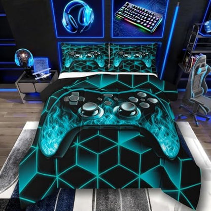 Erosebridal Teal Gaming Bedding Set Gamer Gifts,Neon Geometric Kids Comforter Sets Boys,3D Geometric Gaming Comforter Set Flame Game Consoles Gaming Decor for Boys Bedroom Decor