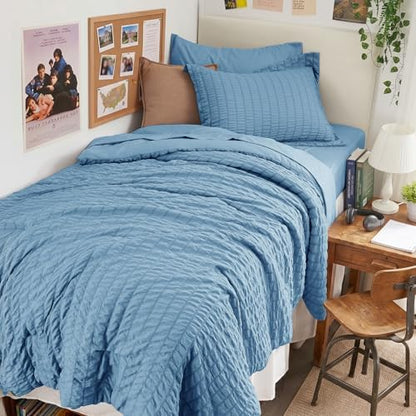 HYMOKEGE Mineral Blue Twin XL Comforter Set Seersucker 5 Pieces, All Season Luxury Bed in a Bag for Bedroom, Bedding Set with Comforter, Sheets, Pillowcase & Sham