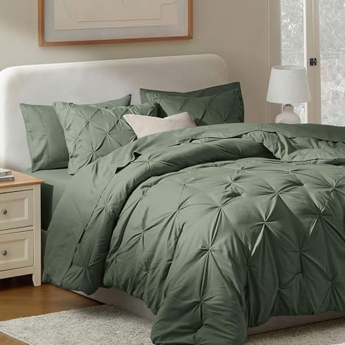 Nestl 9 Piece Full Comforter Set – Olive Green Pinch Pleated Bed in a Bag – Complete Full Size Bedding Set with Sheets, Set of 2 Cooling Pillows, Pillowcases and Shams