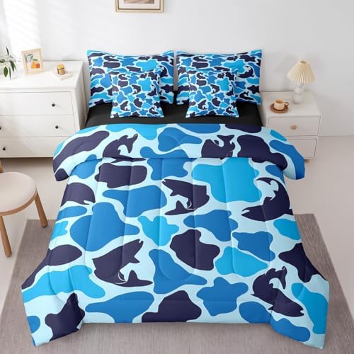 Erosebridal Fishing Camouflage Comforter Set 7 Piece Bass Big Fish Bedding Sets Twin Size Farmhouse Wild Animal Bed in a Bag for Kids Rustic Farmstyle Sheet Set with Comforter Vintage Blue Decor