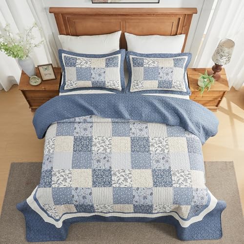 SahSahCasa 120"x120" 100% Cotton Oversized California King Bedspread Striped Quilt Set, Cal King Quilted Bedspread Extra Large Coverlet, XL Bed Spread Lightweight Comforter, Blue/White