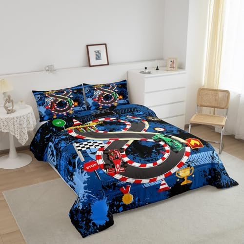 Queen Size Comforter Sets for Boys Kids,3pcs Racing Car Bedding Comforter Sets,Cars Bedding for Teens Men,Cars Lover Bedding,Cool Race Cars Quilt Bed Set with 1 Comforter 2 Pillowcases(Blue Red)