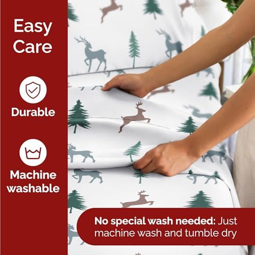 Queen Christmas Reindeer Forest Sheet Set - Holiday Xmas Pattern Bedding Set - Deep Pockets - Snug Fit - 4 Piece - Wrinkle Free - Cooling Festive Winter - Holiday Sheets for Women, Men, Kids & Teens