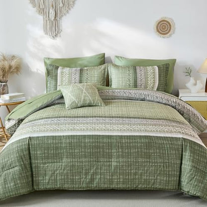 Dintszyayue Sage Green King Comforter Size Set, 8 Pieces Striped Boho Texture Bed in a Bag Sets, Lightweight Soft Bohemian Comforter and Sheet Set, All Season Microfiber Bedding Sets for Men Women