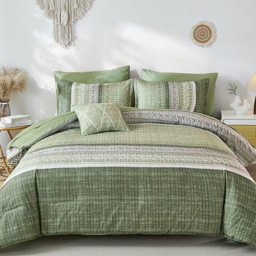 Dintszyayue Sage Green Queen Comforter Size Set, 8 Pieces Boho Striped Texture Bed in a Bag Sets, Lightweight Soft Bohemian Comforter and Sheet Set, All Season Microfiber Bedding Sets for Men Women