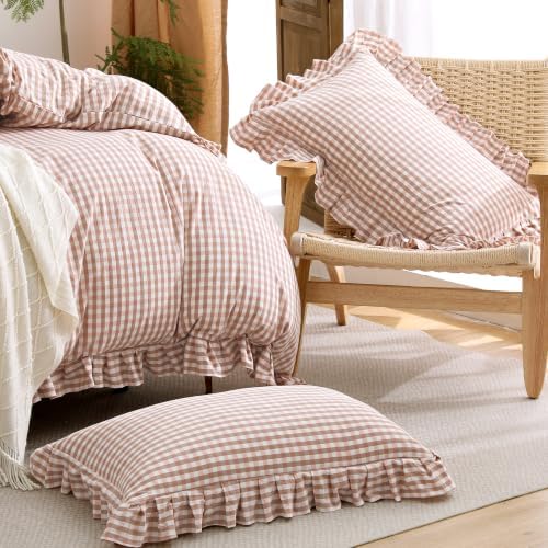 ATsense Pink Brown Gingham Ruffle Duvet Cover Set Cotton Like Linen, King