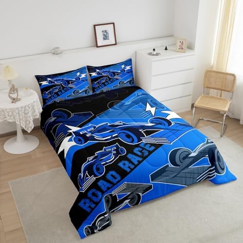Erosebridal Race Car Full Size Bedding Set for Boys Sports Car Comforter Set Cool Racing Car Bed Set for Boys Girls Kids Man,Black Blue Race Cars Gamer Bedding Sets Car Bedroom Decor 3Pcs