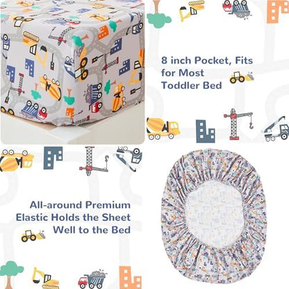 lasoftan Construction Toddler Bedding Set for Boys, 4 Piece Bed-in-a-Bag Toddler Comforter Sets, Excavator, Cars Printed, Super Soft and Comfortable Microfiber Todeeler Bed Set