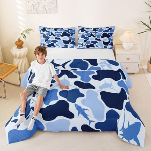 Feelyou Blue Camo Comforter Set Queen Size Shark Fish Bedding Set for Kids Boys Girls Camouflage Duvet Quilt Military Style Bedroom Decor Microfiber 3 Pcs with 2 Pillow Cases