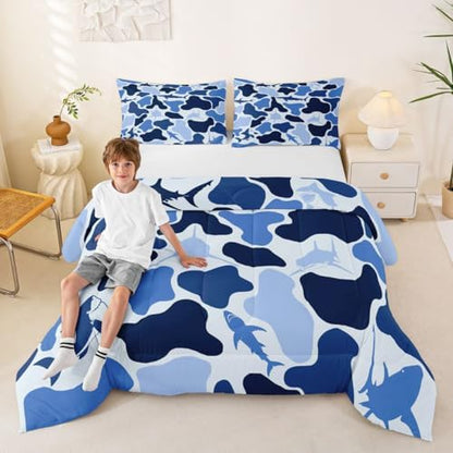 Feelyou Blue Camo Comforter Set Queen Size Shark Fish Bedding Set for Kids Boys Girls Camouflage Duvet Quilt Military Style Bedroom Decor Microfiber 3 Pcs with 2 Pillow Cases