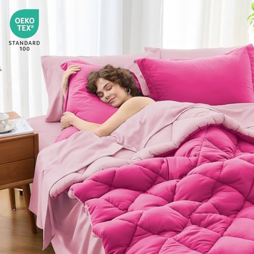 MUXHOMO 7 Pieces Oversized King Comforter Set, Reversible Bed in a Bag Oversized King Size, All Season Bedding Set with Comforter, Flat Sheet, Fitted Sheet, Pillowcases & Shams, Hot Pink & Baby Pink