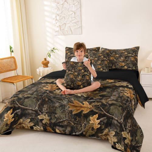 Erosebridal Camo Bedding Set Full Hunting Camouflage Comforter Set 7 Piece Cabin Lodge Forest Vintage Bed in A Bag for Kids Boys Girls Nature Camo Tree Leaves Quilt with Flat Fitted Sheet