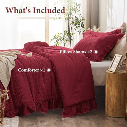 JOLLYVOGUE Burgundy Queen Comforter Set, 3 Pieces Seersucker Comforters Queen Size, Lightweight & Fluffy Bedding Sets for All Season with 1 Ruffle Comforter and 2 Ruffle Pillowshams
