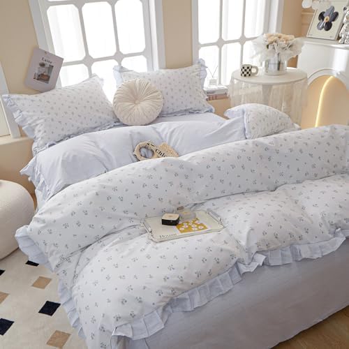 LifeTB Blue Floral Comforter Set Twin XL Botanical Ruffle Bedding Comforter Fluffy Soft Aesthetic Coquette Bedding Set Girls Cottagecore Blue Flowers Comforter Set with 2 Pillowcases for All Seasons