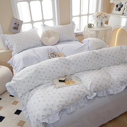 LifeTB Blue Floral Comforter Set Twin XL Botanical Ruffle Bedding Comforter Fluffy Soft Aesthetic Coquette Bedding Set Girls Cottagecore Blue Flowers Comforter Set with 2 Pillowcases for All Seasons