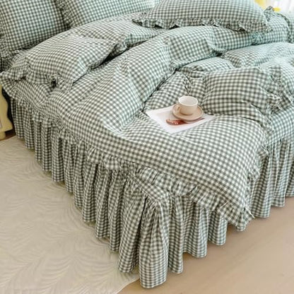 mixinni Vintage Green Gingham Ruffle Comforter Set 3-Piece Washed Cotton Queen Size Grid Bedding Set with Geometric Checkered Pattern, Farmhouse Chic Soft Fluffy Comforter for All-Season
