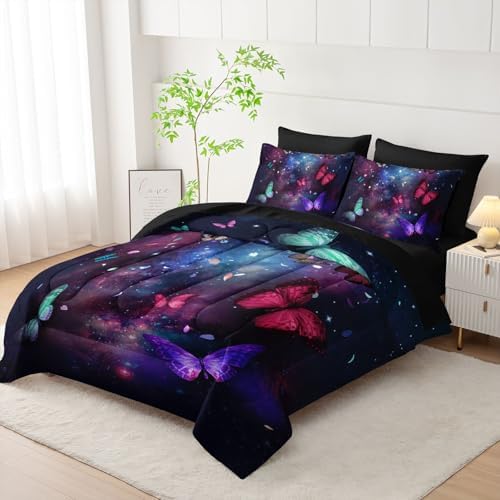 7pcs Animals Comforter Set Purple Blue Dreamy Butterfly Printed Bedding Set with 1 Comforter, 1 Flat Sheet, 1 Fitted Sheet and 4 Pillowcases for Boys and Girls Bedroom (King