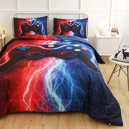 Meeting Story Gamer Gaming Bedding Sets Tie Dye Lightnings Gamepad Comforter Set for Boys Games Console Action Buttons Novelty Colorful Modern Room Decor Home Quilt Set (Twin, Red-Blue)