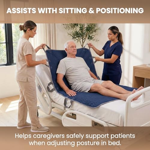 Washable Positioning Bed Pad with 8 Reinforced Handles – 34"x52" Waterproof, Quick-Dry, Absorbent Underpad for Elderly Care, Turning, Lifting & Incontinence Protection (Navy, 34"X52")