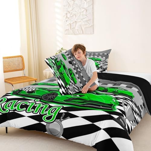 Feelyou Boys Race Car Kids Comforter Set Queen Size Speed Sports Car Bedding Set Racing Extreme Sports Duvet Quilt for Kids Boys Girls Bedroom Green Automobile Decor Microfiber Ultra Soft Breathable