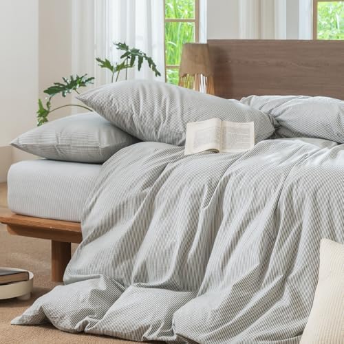 MooMee Striped Duvet Cover Set 100% Washed Cotton Linen Like