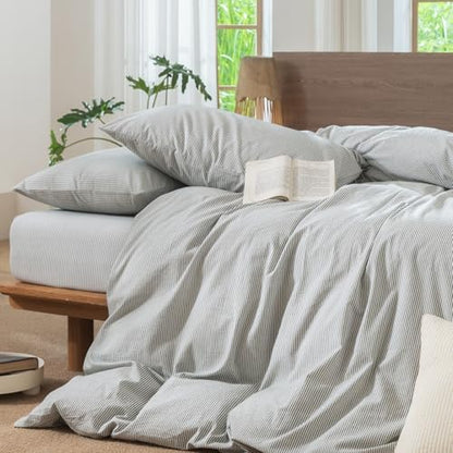 MooMee Striped Duvet Cover Set 100% Washed Cotton Linen Like Alaska King